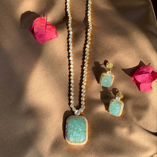 Carved Mint Polki Necklace Set