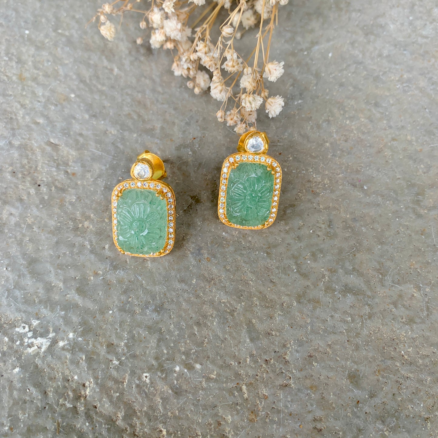 Carved Mint Polki Earrings